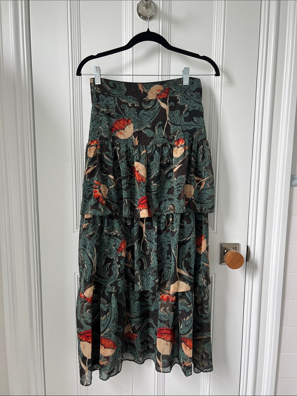 Traffic Tiered Maxi Skirt in Dark Green with Red Floral Accents